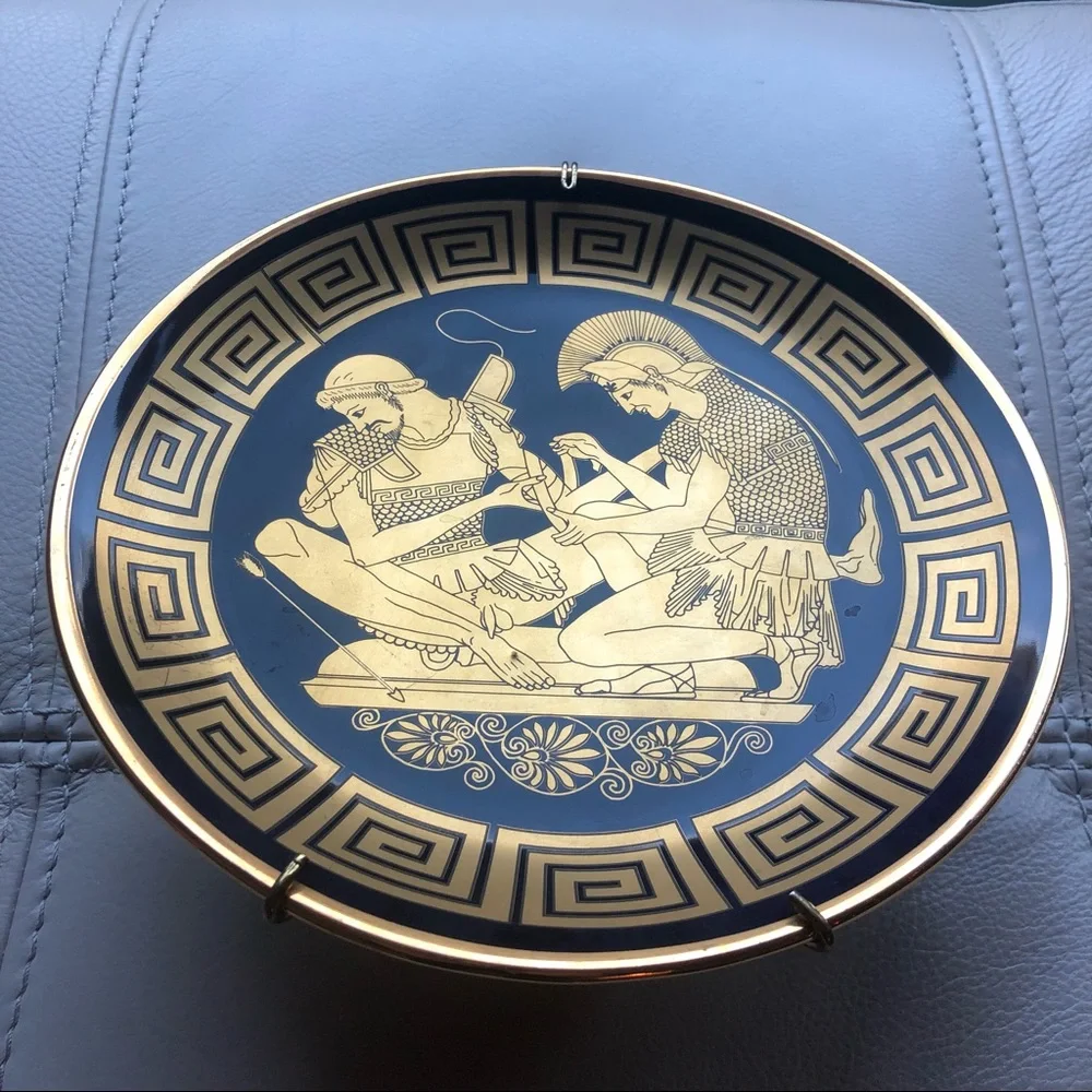 Vintage Neofitou 24K Gold Hand Made in Greece Keramik Decorative Plate Blue